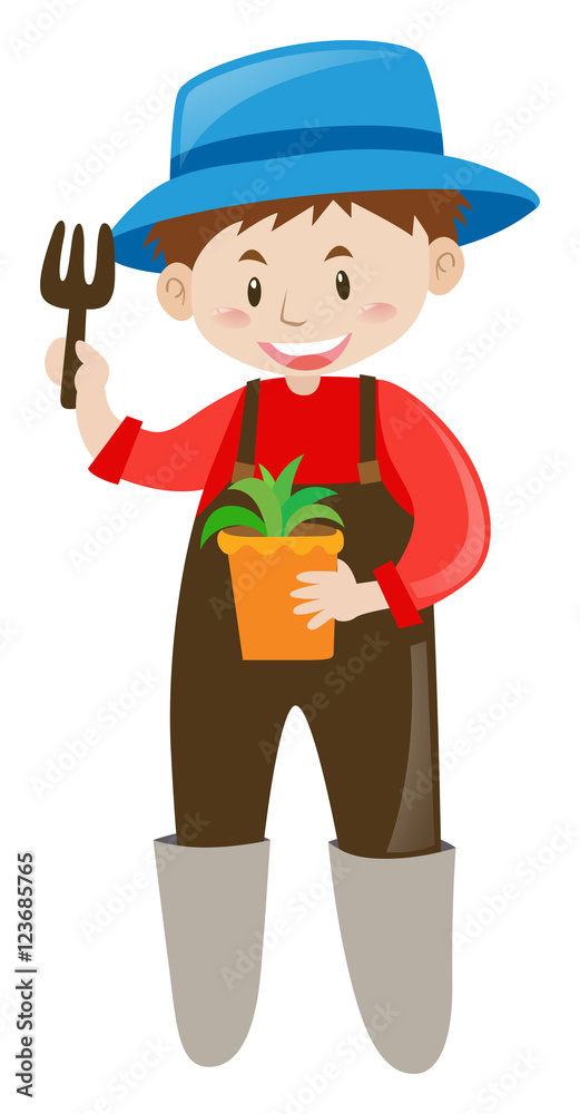 Gardener holding potted plant and fork Gardener holding potted plant and fork