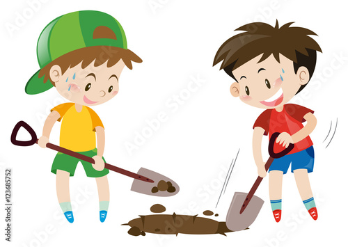 Two boys digging hole with shovels