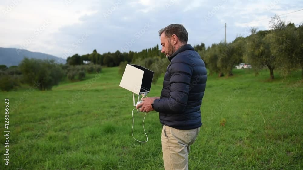 L’uomo con la barba che indossa un piumino sta guardando il suo tablet sorridendo mentre pilota il suo drone in mezzo ai campi, fuoco selettivo
L’uomo con la barba che indossa un piumino sta guardando il suo tablet sorridendo mentre pilota il suo drone in mezzo ai campi, fuoco selettivo