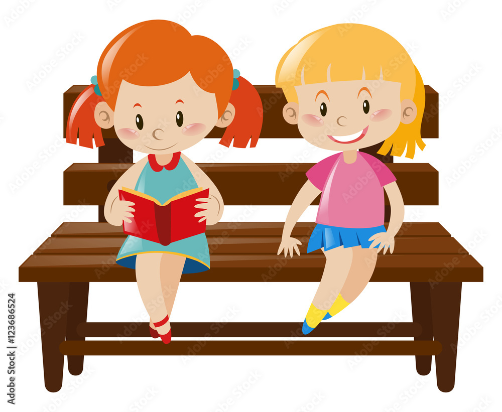 Two girls sitting on wooden bench Two girls sitting on wooden bench