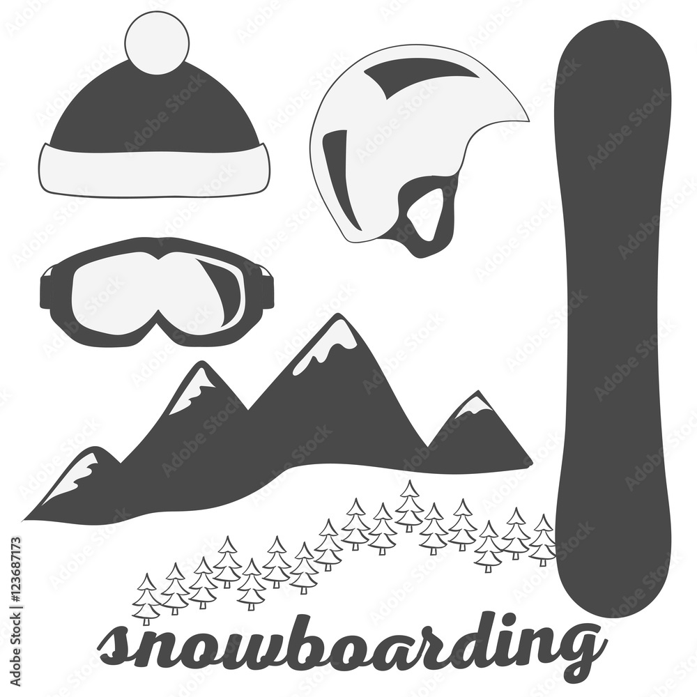Set of snowboarding equipment. Vector illustration. Set of snowboarding equipment. Vector illustration.