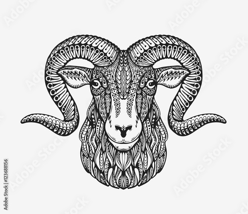 Sheep, ram or mountain goat. Animal decorated with ethnic patterns. Vector illustration