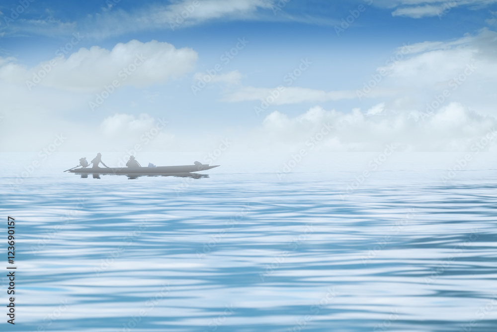 Fishing boat on a river at day time , blue sky, in the dreaming Fishing boat on a river at day time , blue sky, in the dreaming