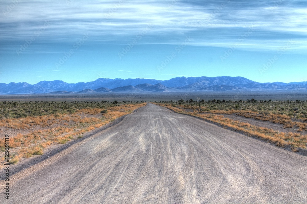 Endless open straight road in the desert along the Extraterrestrial Highway