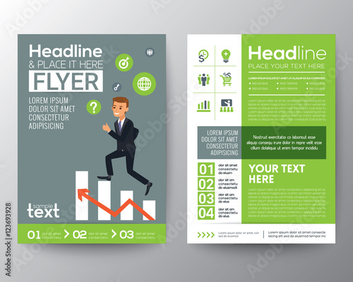 brochure flyer layout template with businessman climbing on red arrow graph