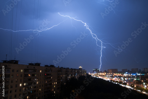Bright Lightning in the sky of the Moscow city at night