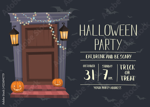 Halloween night party invitation with haunted house doorway and pumpkin head jack lanterns, isolated cartoon vector illustration on gray background. Halloween design template with space for text.