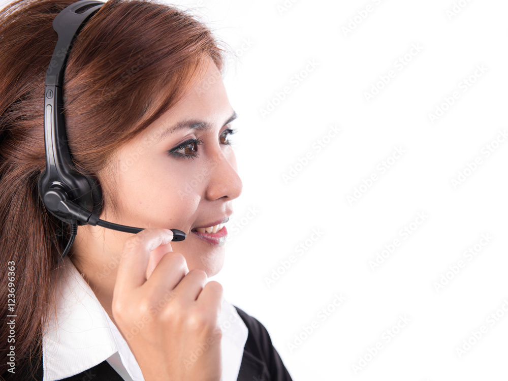 business customer support operator woman smiling on white backgr business customer support operator woman smiling on white backgr