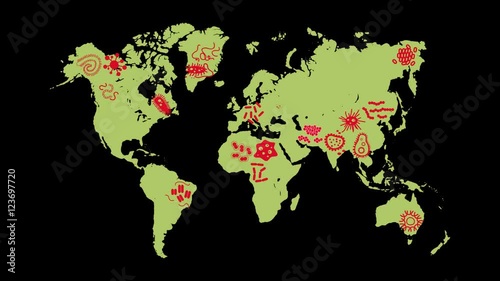 Animation of danger germ and pathogen for human disease such as virus, bacteria, fungus, ameba, and Protozoa spreading the world map in every country creating disease sickness from germs 4k