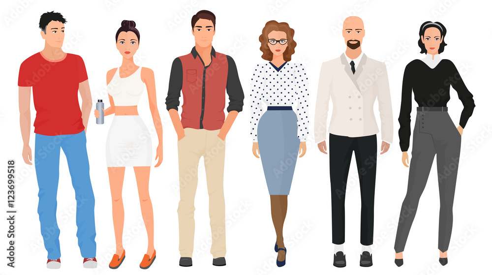 Obraz premium Handsome young guys men with beautiful cute girls models couples in casual street modern fashion clothes isolated. Fashionable people set.