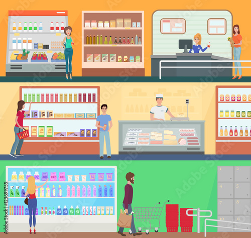 People shopping in a supermarket concept set collection. Customers buing products in food supermarket store market.
