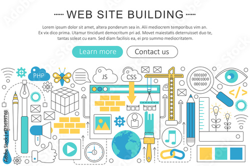Vector elegant thin line flat modern website building concept. Website header banner elements layout. Presentation, flyer and poster.