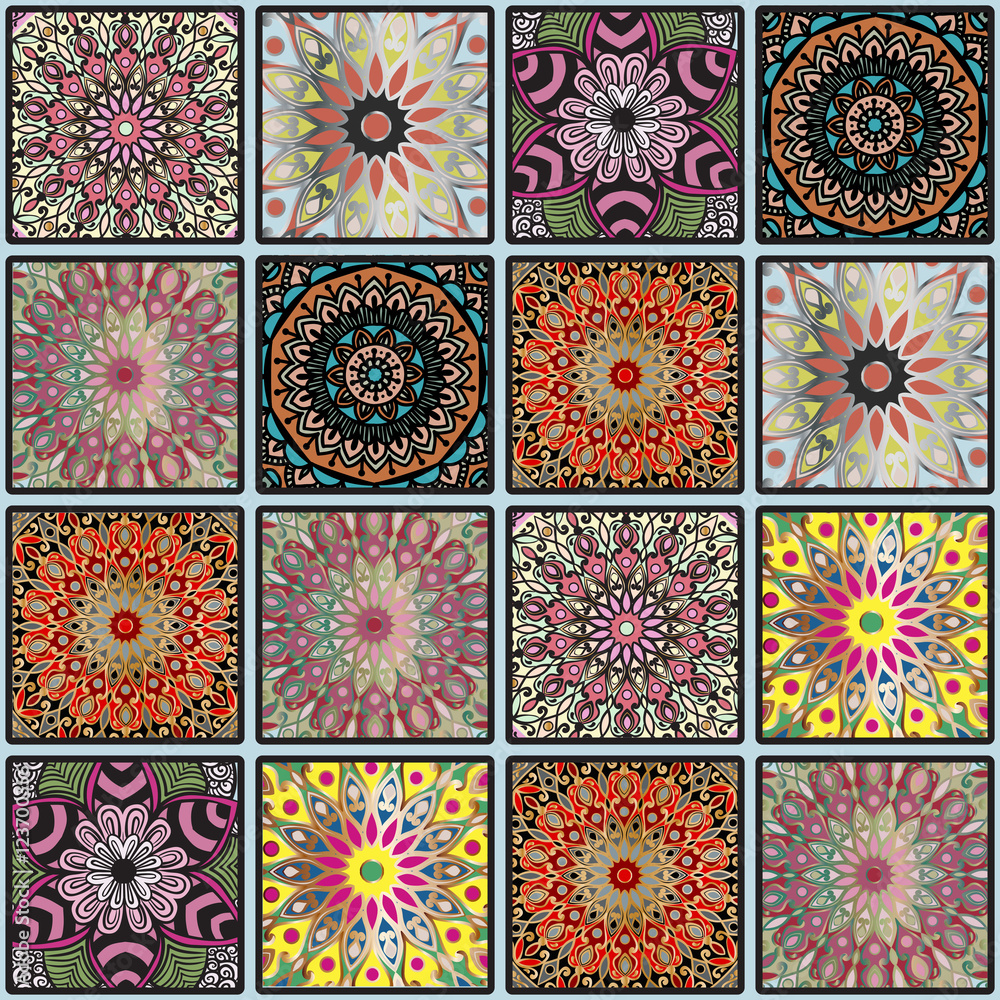 Colorful floral seamless pattern from different squares with mandala in patchwork boho chic style, in portuguese and moroccan motif. Hand drawn vector stock illustration