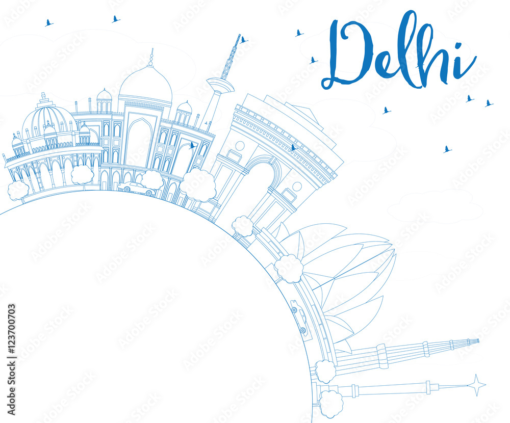 Outline Delhi Skyline with Blue Buildings and Copy Space.