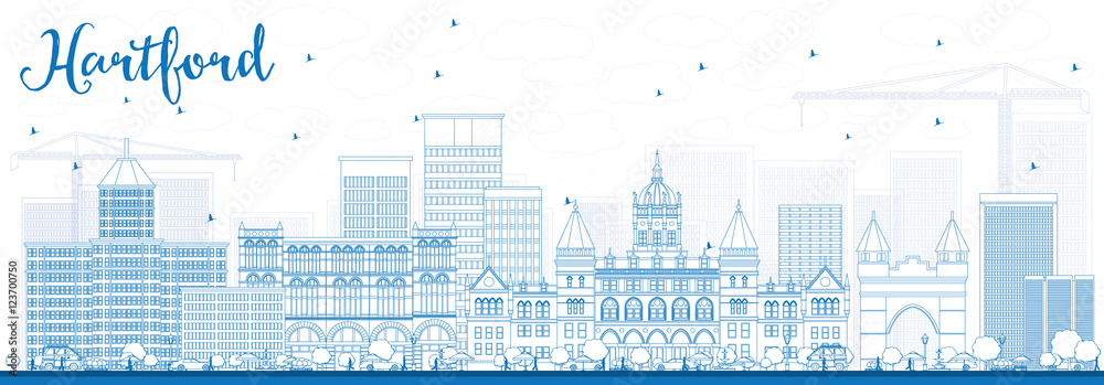 Outline Hartford Skyline with Blue Buildings.