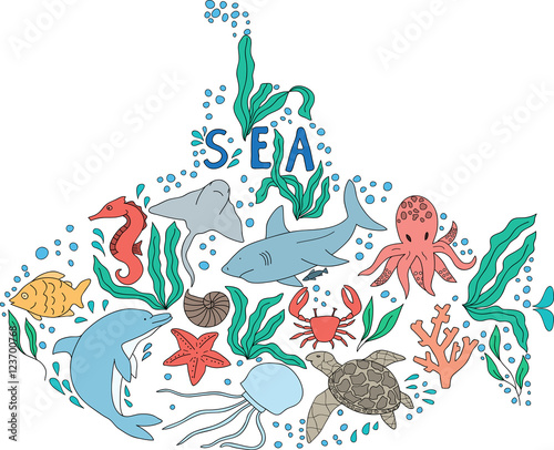Hand drawn doodle set of sea life. drawn in the shape of a submarine.