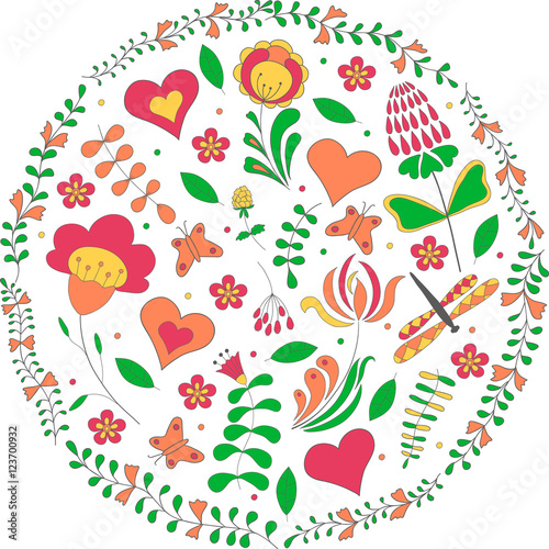 Vector illustration of circle made of flowers and butterflies. Round shape made of butterflies, leaves and flowers. No background
