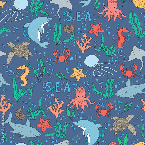 Vector seamless pattern. Hand-drawn doodle set of sea life