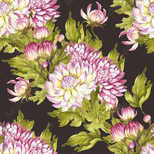 Watercolor seamless pattern with chrysanthemums