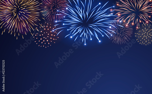 Firework bursting sparkle background set. Colorful night fire, beautiful explosion for celebration, holiday, Christmas, New Year, birthday. Symbol festive, carnival, anniversary. Vector illustration