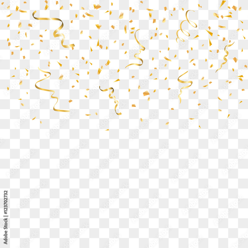 Gold confetti celebration isolated on transparent background. Falling golden abstract decoration for party, birthday celebrate, anniversary or Christmas, New Year. Festival decor Vector illustration Gold confetti celebration isolated on transparent background. Falling golden abstract decoration for party, birthday celebrate, anniversary or Christmas, New Year. Festival decor Vector illustration