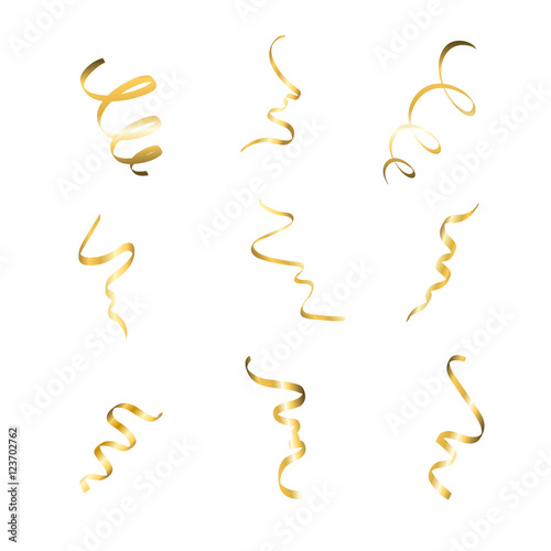 Gold streamers set. Golden serpentine confetti ribbons, isolated white background. Decoration for party, birthday celebrate or Christmas carnival, New Year gift. Festival decor Vector illustration