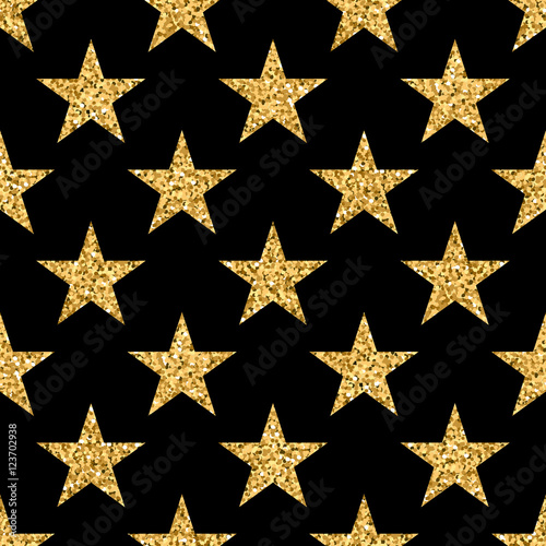 Stars seamless pattern gold and black retro background. Abstract bright golden design for wallpaper  Christmas decoration  confetti  textile  wrapping. Symbol of holiday. Vector illustration
