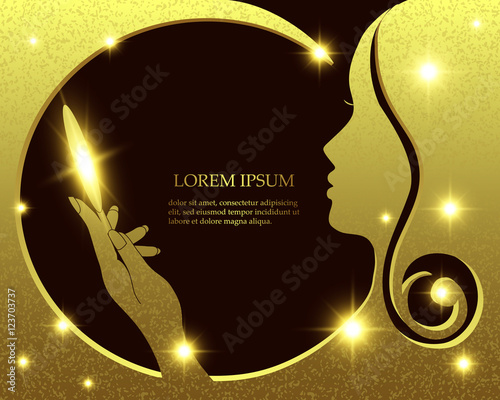 Silhouette the face of a beautiful girl, golden background for your design. Vector illustration.