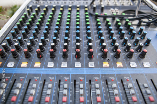 Sound board closeup for outside live performance