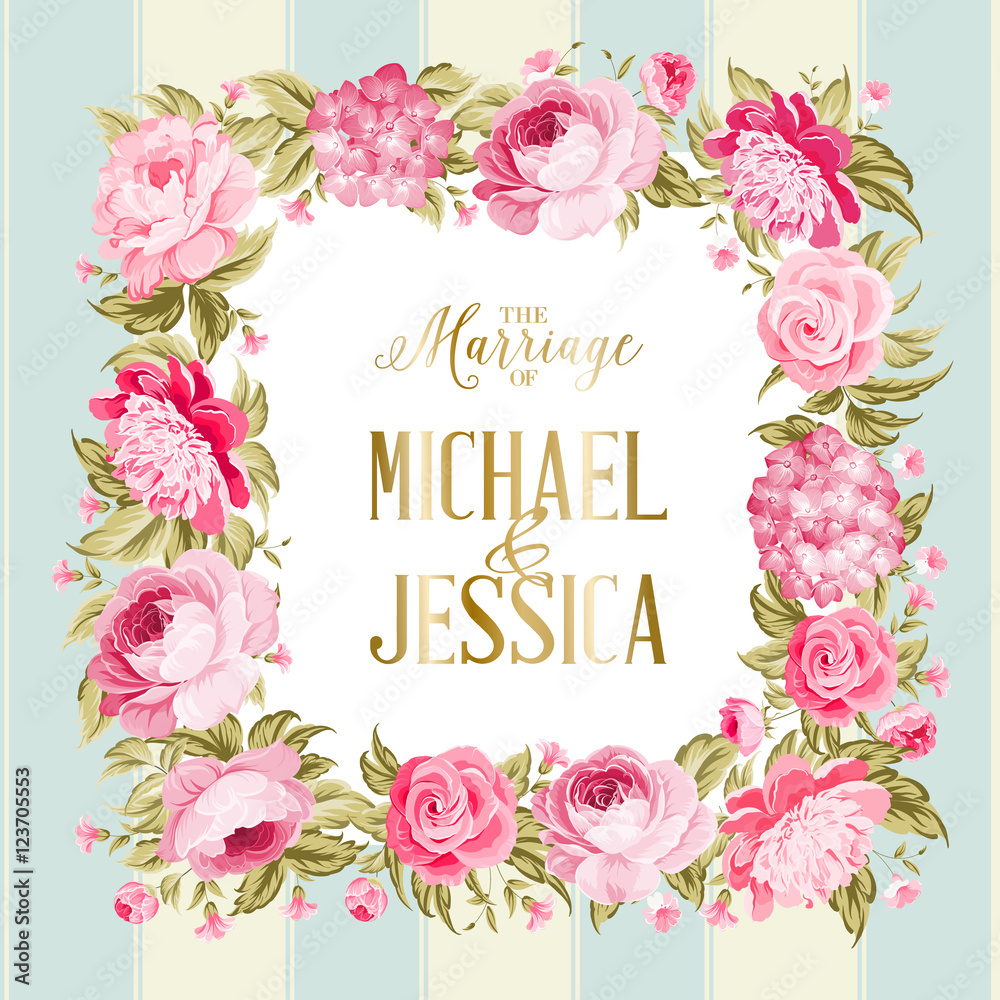 The marriage card. Wedding invitation card template. Border of red flowers in vintage style. Marriage invitation card with custom sign and flower frame over tile blue background. Vector illustration.