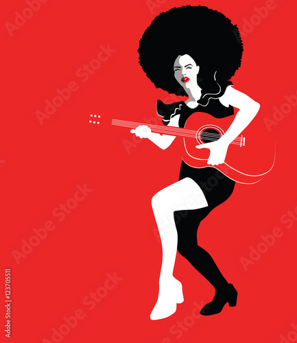 Young beautiful woman playing guitar, retro vintage vector illustration