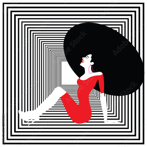 Beauty woman portrait. Happy woman laughing and sitting down. Retro style, Pop art. Vector eps10 illustration 