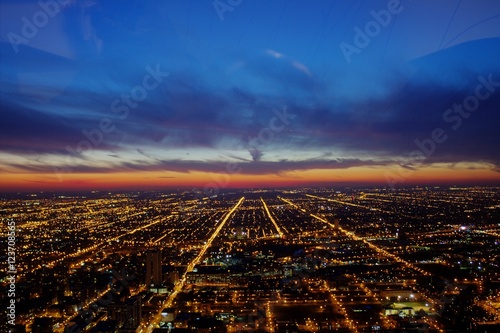 Chicago city lights at dusk.