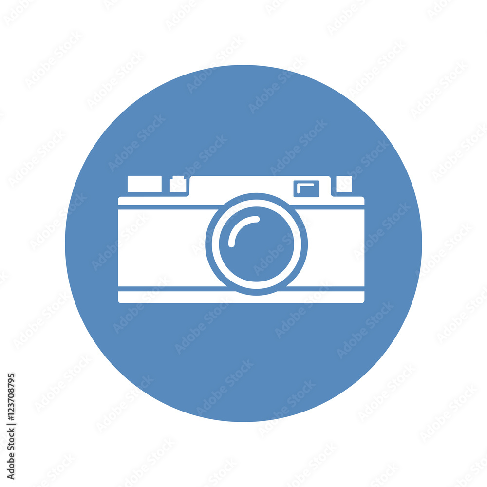 White rangefinder camera icon placed on blue White rangefinder camera icon placed on blue