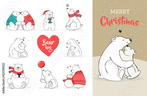 Merry Christmas greetings with bears. Hand drawn polar bear, cute bear set, mother and baby bears, couple of bears