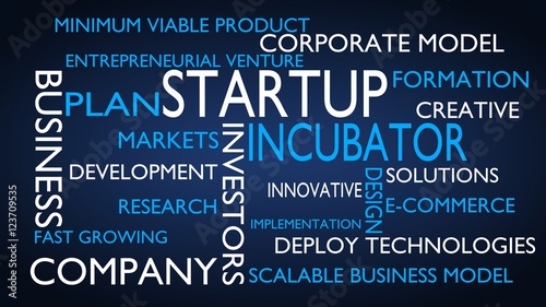 Foto Startup, incubator word tag cloud - blue, English variant, 3D rendering