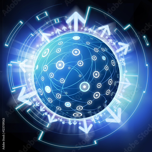 Global network connection system on an abstract blue background