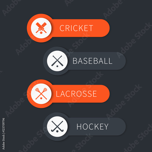 Cricket, baseball, lacrosse, field hockey, team sports labels and banners on dark gray