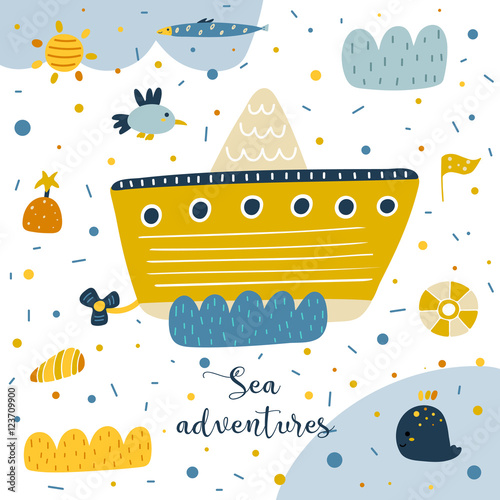 Cute hand drawn postcard with steam boat