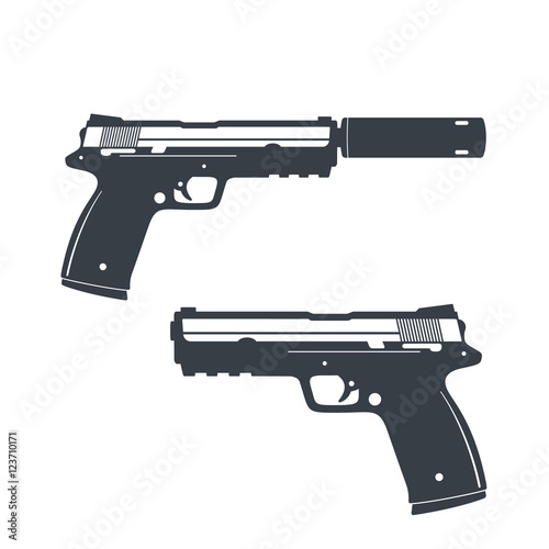 modern pistol with silencer, handgun, gun isolated on white