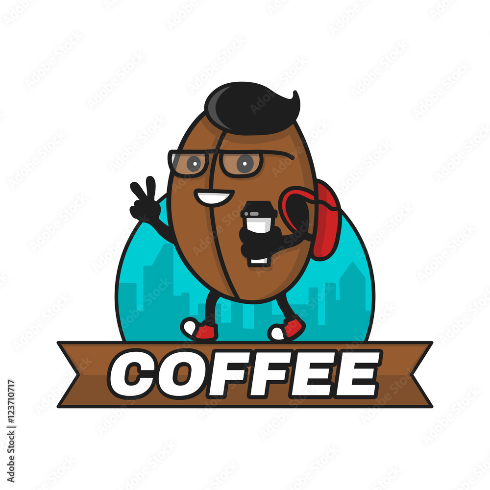 Hipster coffee bean with coffee paper cup walking. Modern logo design. Flat line vector character illustration isolated on white background. Badge for coffee street shop