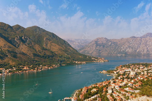 View of Kotor city and Boka Kotorska Bay on a sunny autumn day. Montenegro