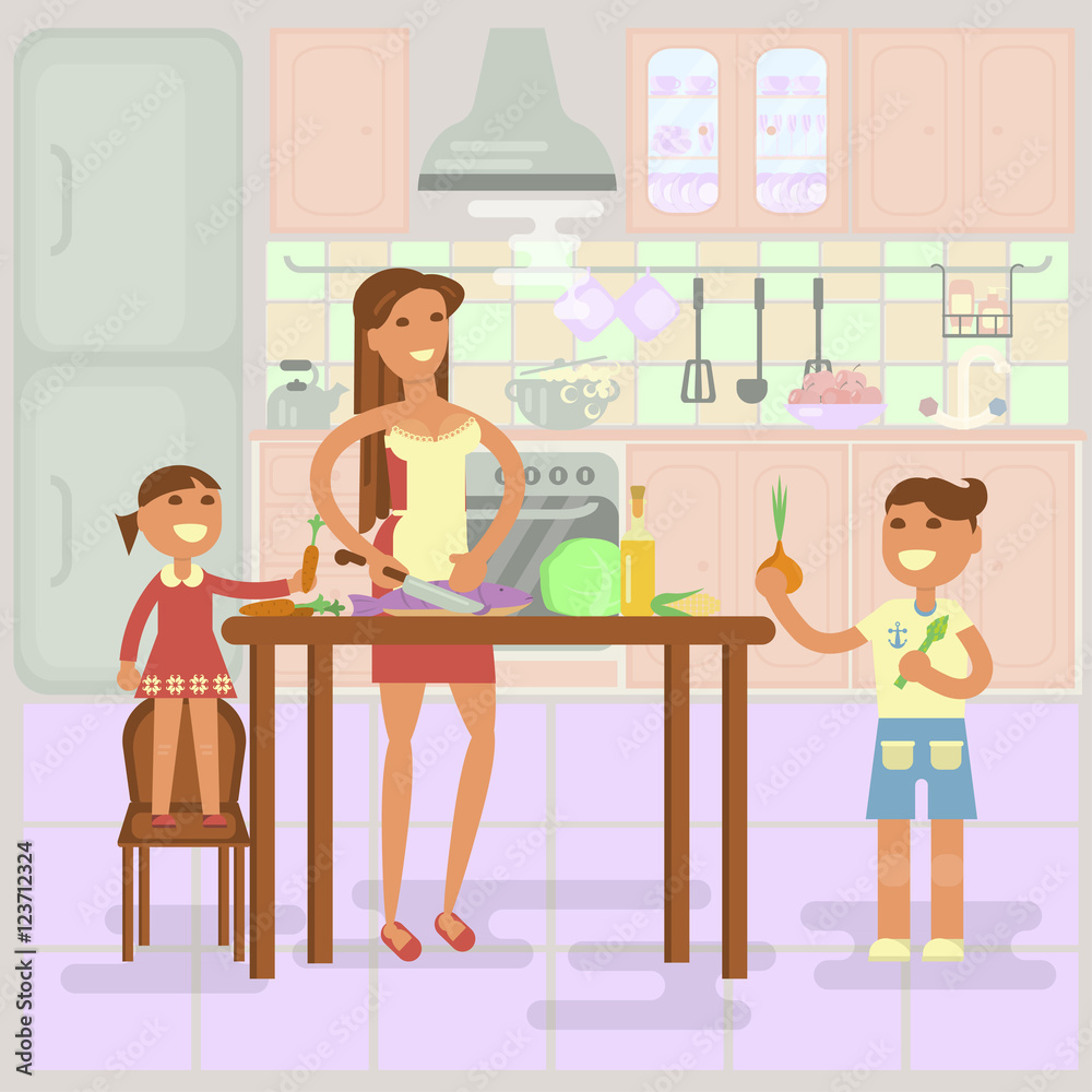 Happy family concept. Mother with kids making dinner. Boy and girl help adults to cook healthy food on kitchen interior background. Vector illustration eps