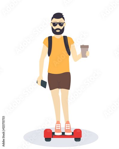 Young hipster on hoverboard, isolated over white, vector illustration