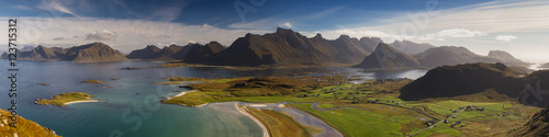 Panorama of the Lofoten mountain range from the peak of the Rore