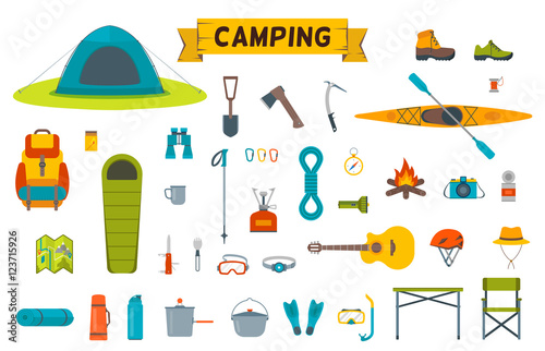Hiking equipment and gear icon collection.