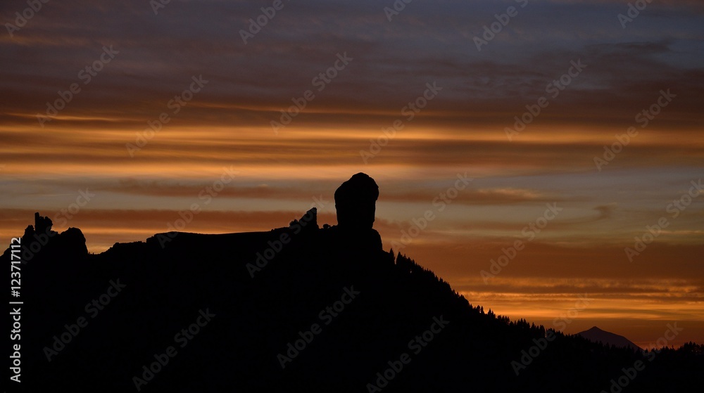 Beautiful sky at sunset and Roque Nublo, Gran canaria, Canary islands
