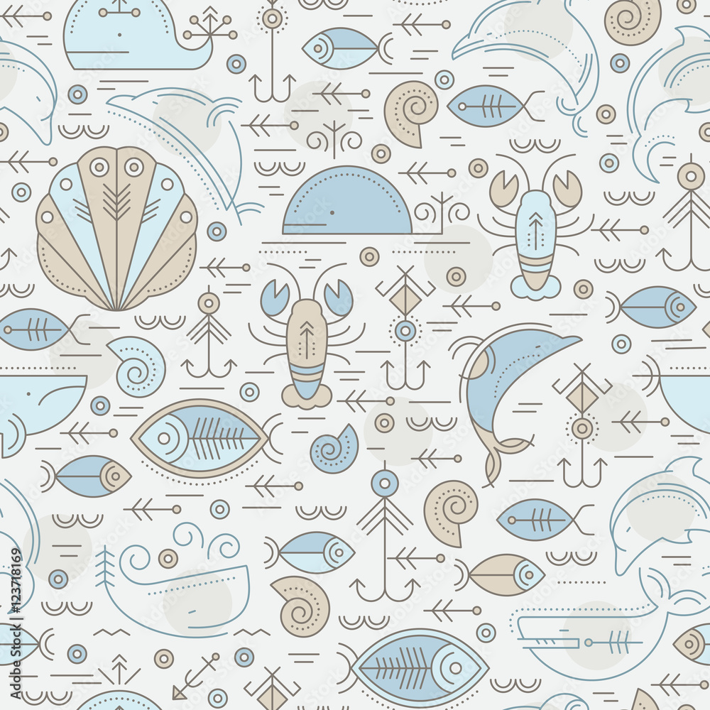 Naklejka premium Vector seamless pattern with outlined sea animals signs