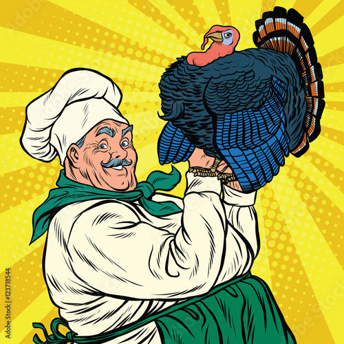 Retro chef with a live Turkey, thanksgiving