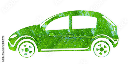 Car silhouette made of green leaf on white background. Eco vehicle concept.